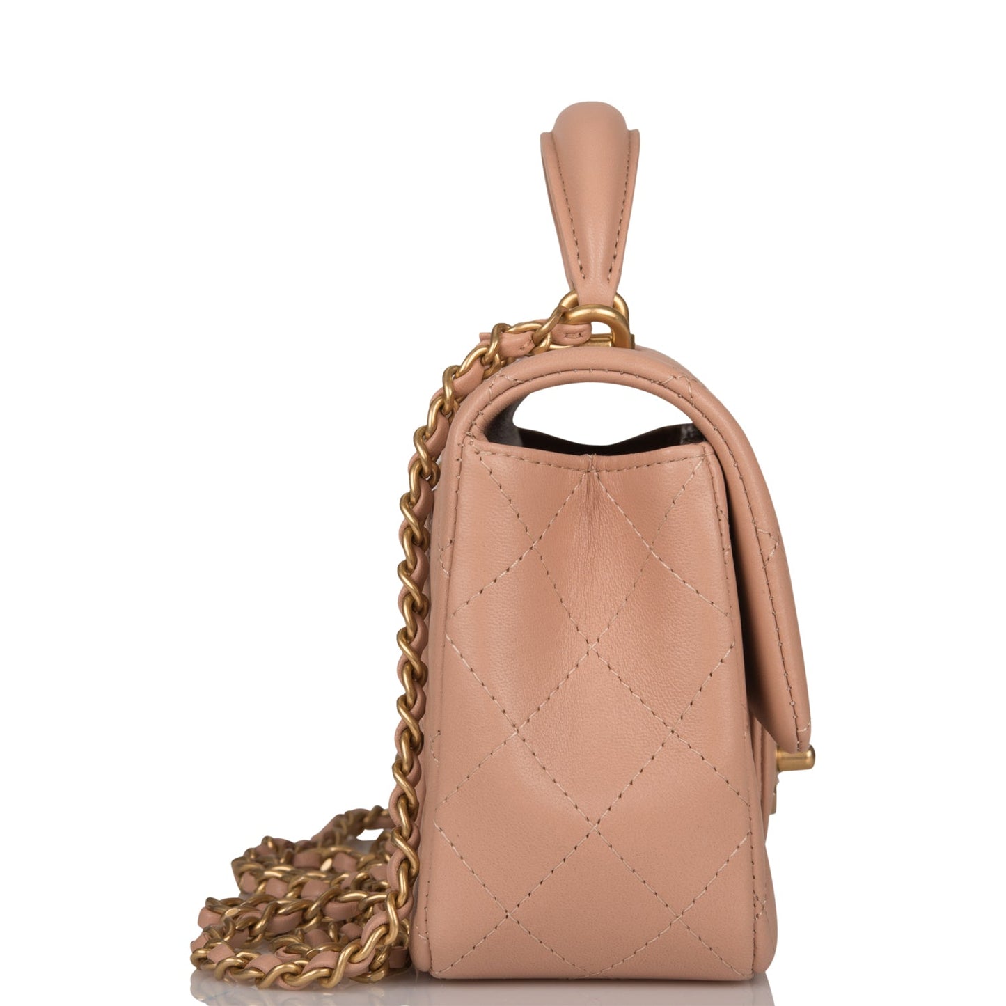 Luxury Chanel Mini Rectangular Flap with Top Handle Beige Lambskin Antique Gold Hardware