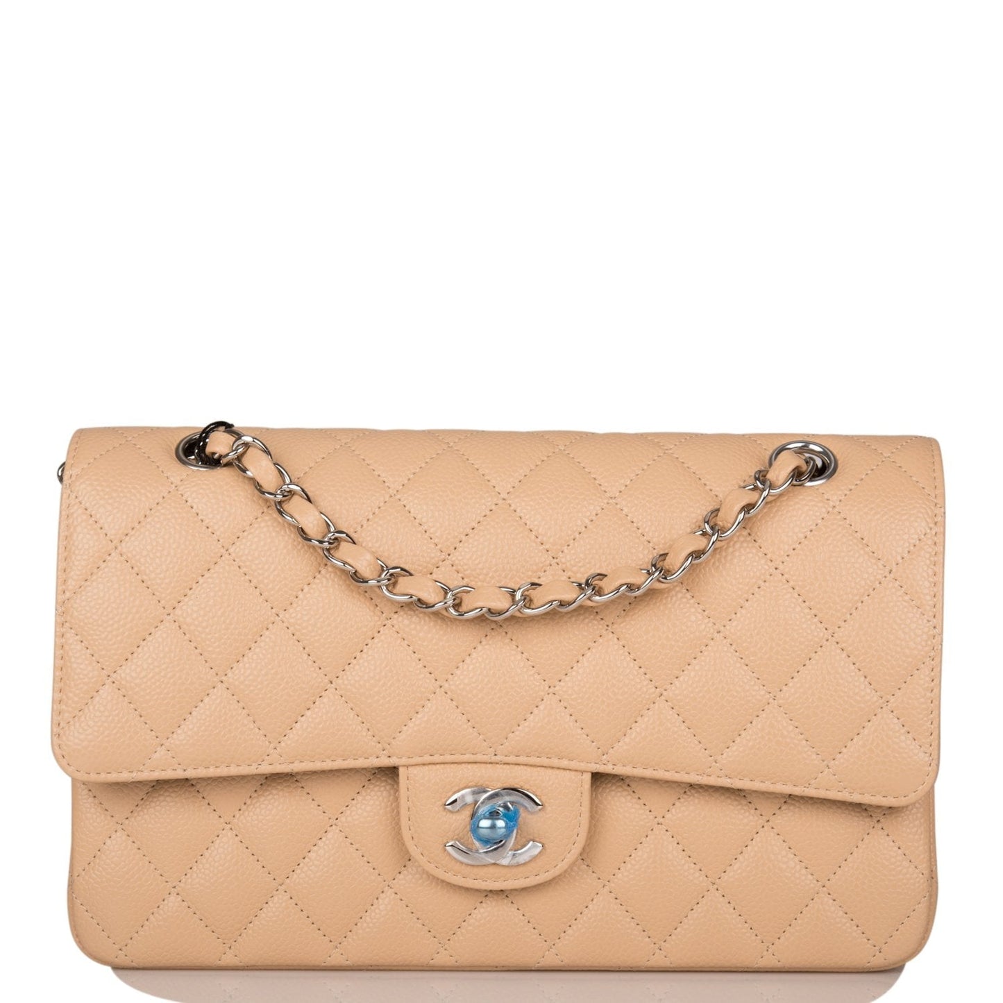 Luxury Chanel Medium Classic Double Flap Bag Beige Quilted Caviar Silver Hardware