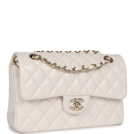 Luxury Chanel Small Classic Double Flap White Caviar  Light Gold Hardware