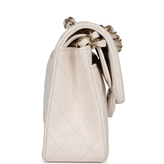Luxury Chanel Small Classic Double Flap White Caviar  Light Gold Hardware