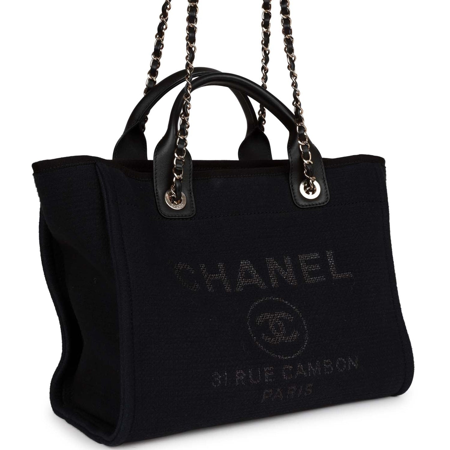 Luxury Chanel Small Deauville Shopping Bag Black Canvas and Calfskin Light Gold Hardware
