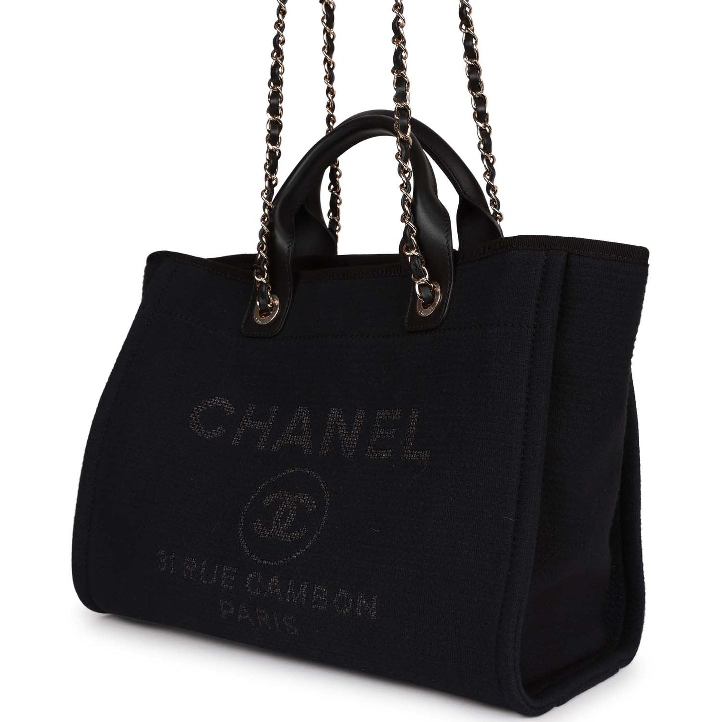 Luxury Chanel Small Deauville Shopping Bag Black Canvas and Calfskin Light Gold Hardware
