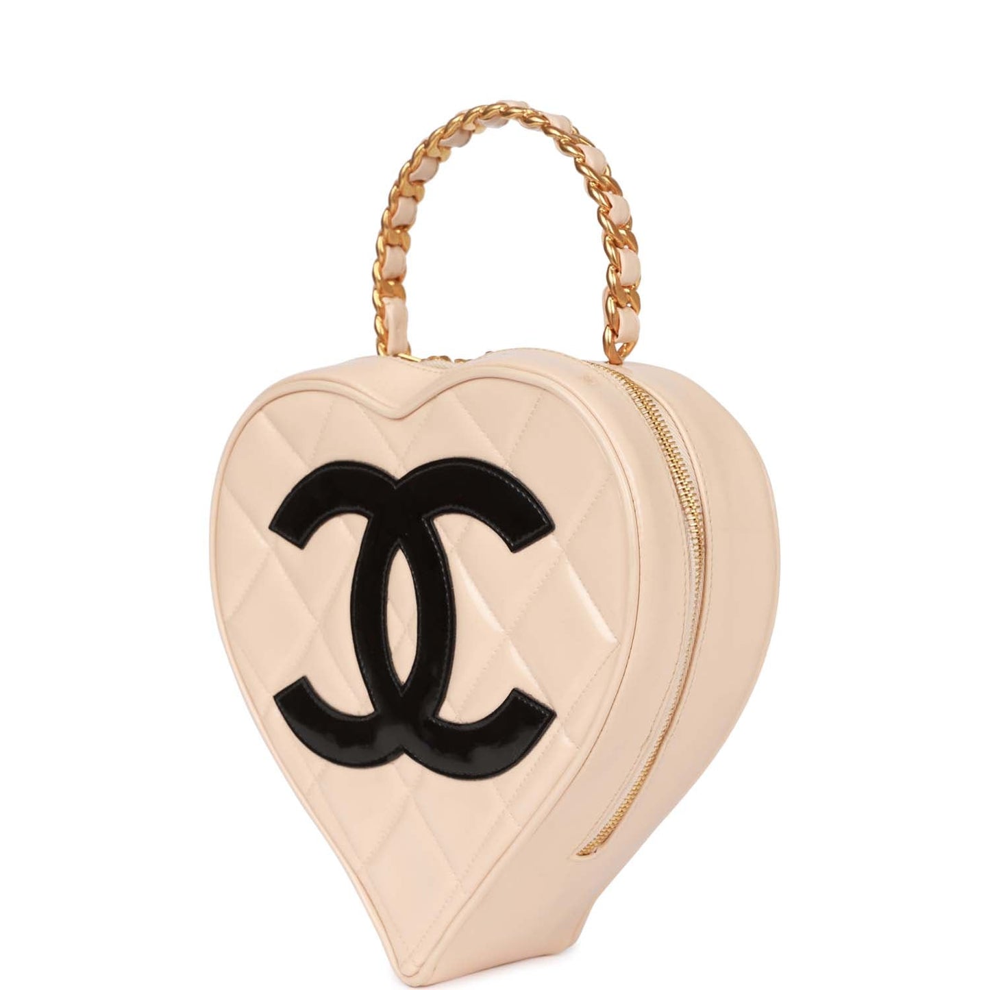 Vintage Luxury Chanel Heart Vanity Bag Beige and Black Patent Antique Gold Hardware