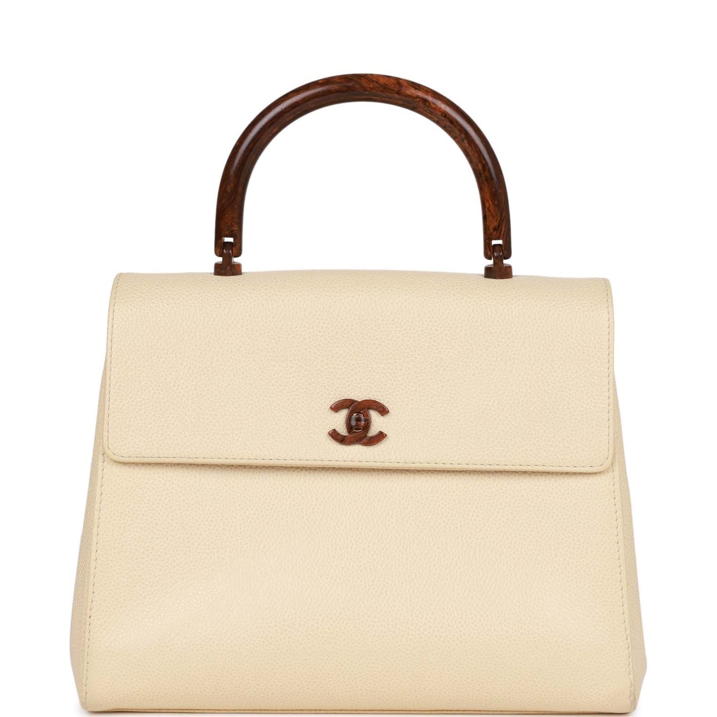 Vintage Luxury Chanel Wood Top Handle Kelly Ivory Caviar