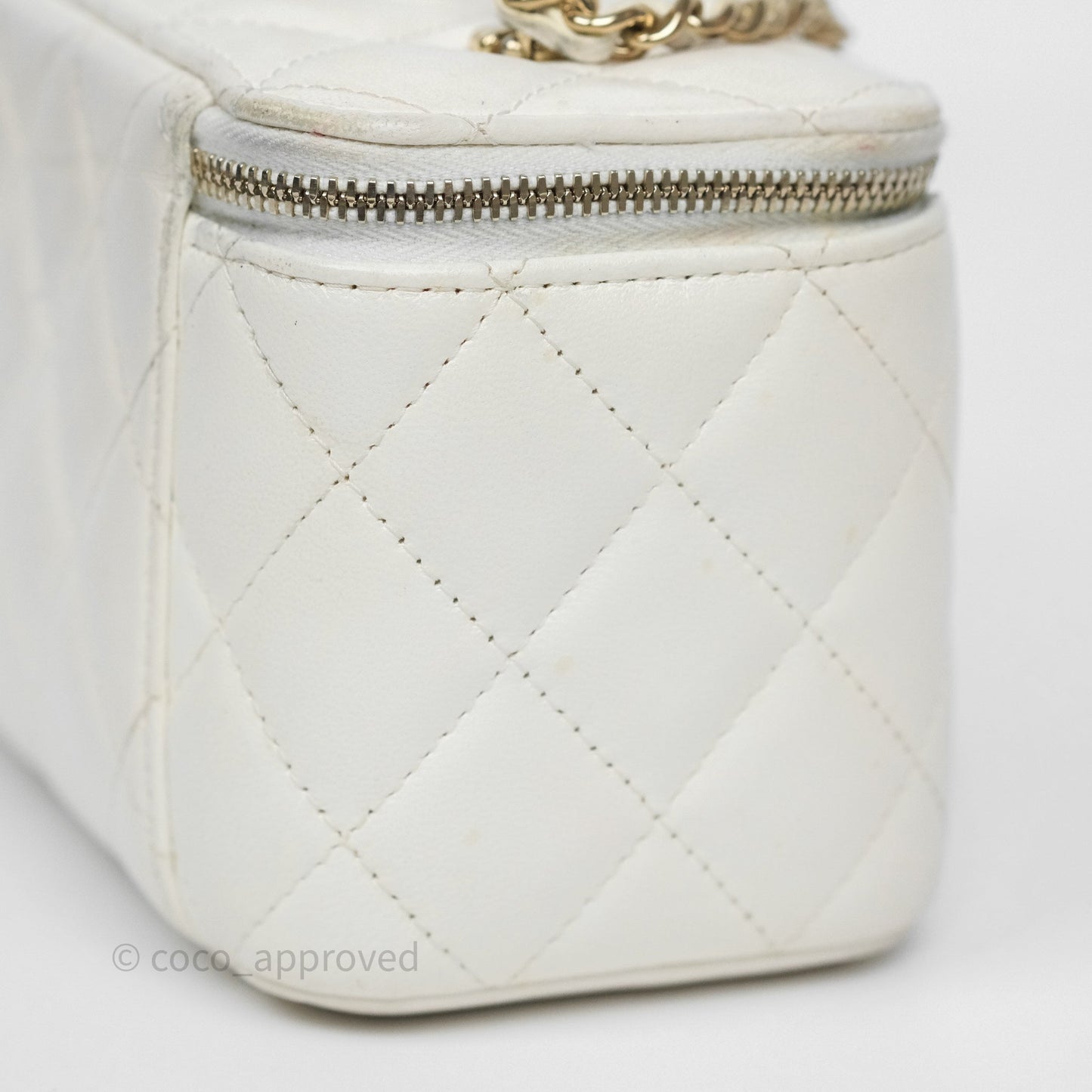 Chanel Logo Crystals Top Handle Vanity Rectangular White Lambskin Gold Hardware