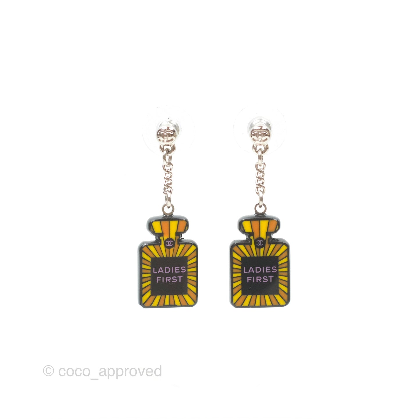 Chanel Resin Perfume Bottle Drop Earrings Black Silver Tone 15S