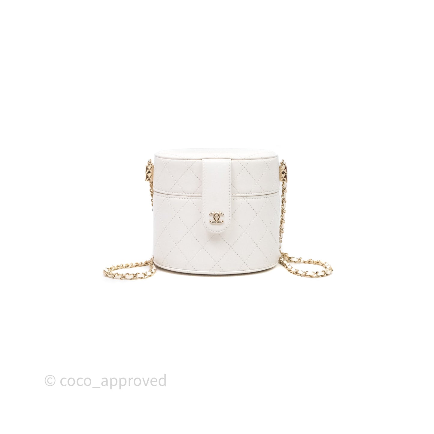 Chanel Quilted Round Vanity Clutch With Chain White Lambskin Gold Hardware
