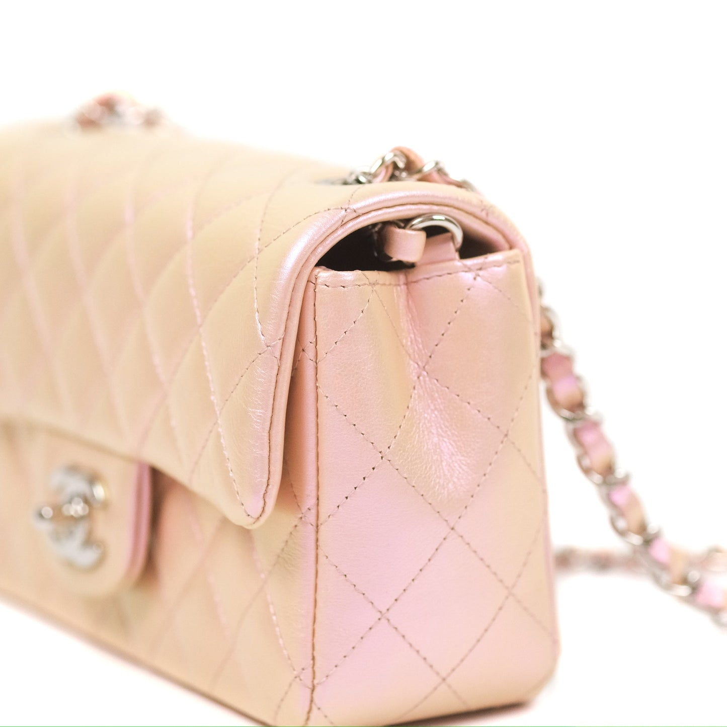 Chanel Quilted Mini Rectangular Iridescent Pink Calfskin Silver Hardware