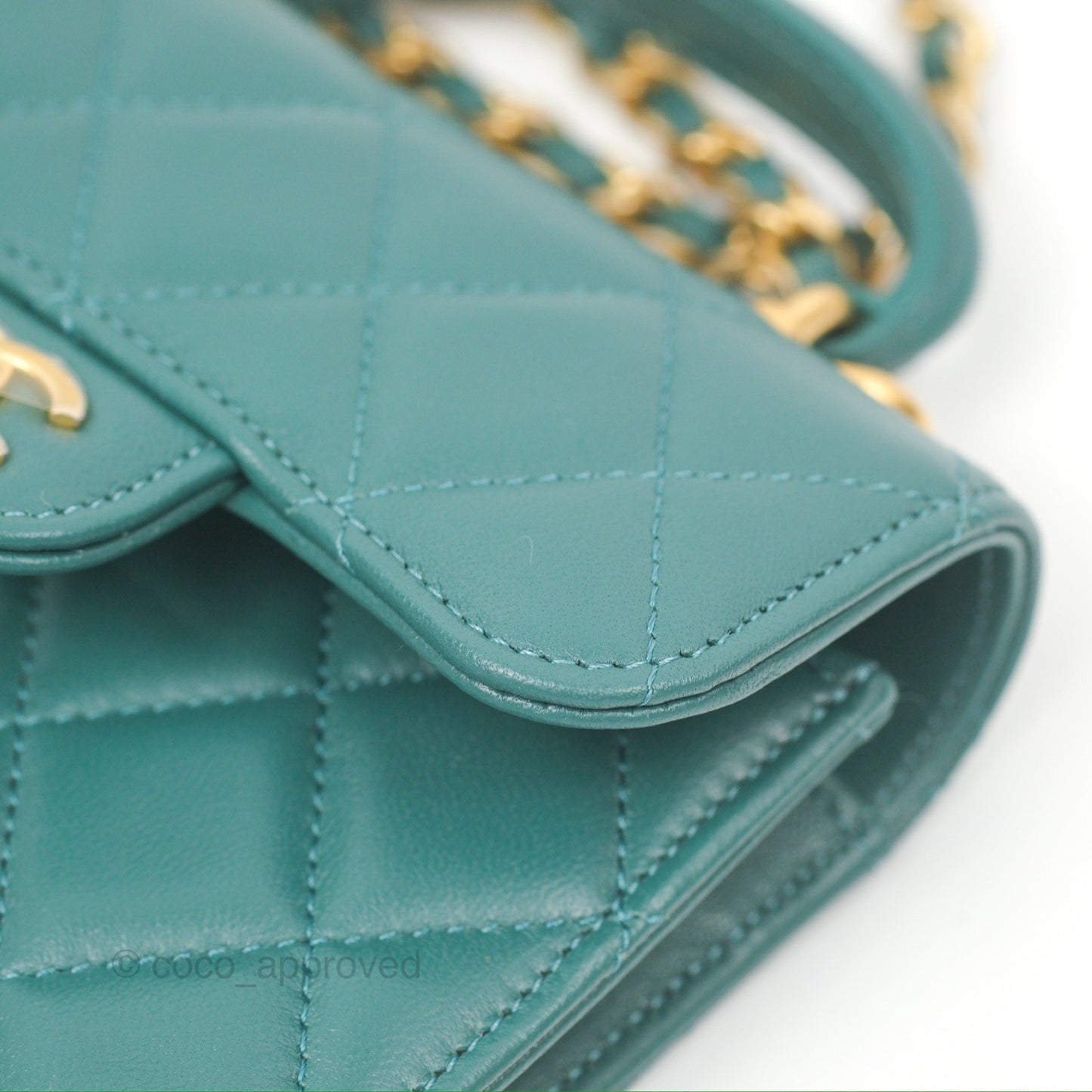 Chanel Mini Handle Flap Coin Purse With Chain Teal Green Lambskin Aged Gold Hardware