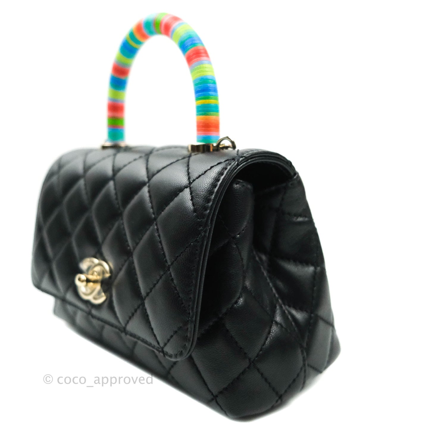 Chanel Quilted Extra Mini Rainbow Coco Handle Bag Lambskin Black Gold Hardware