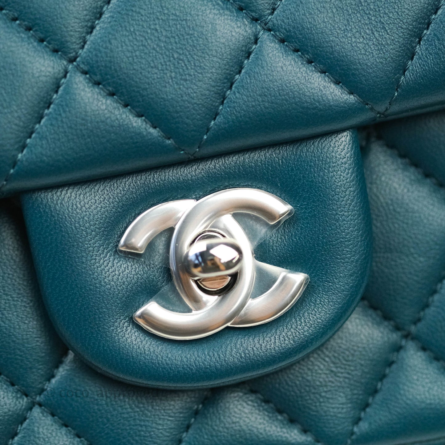 Chanel Quilted Mini Rectangular Lambskin Flap Bag Teal Silver Hardware