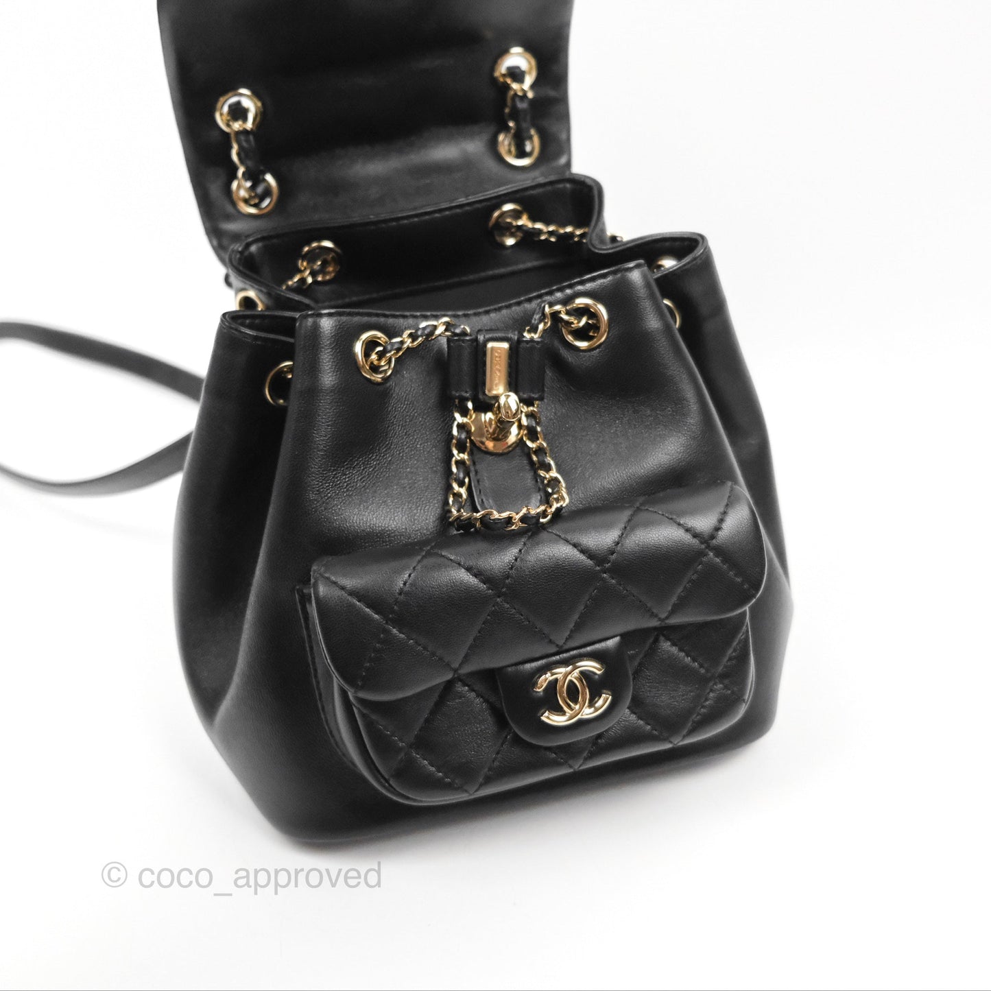 Chanel Quilted Small Duma Drawstring Backpack Black Lambskin Gold Hardware