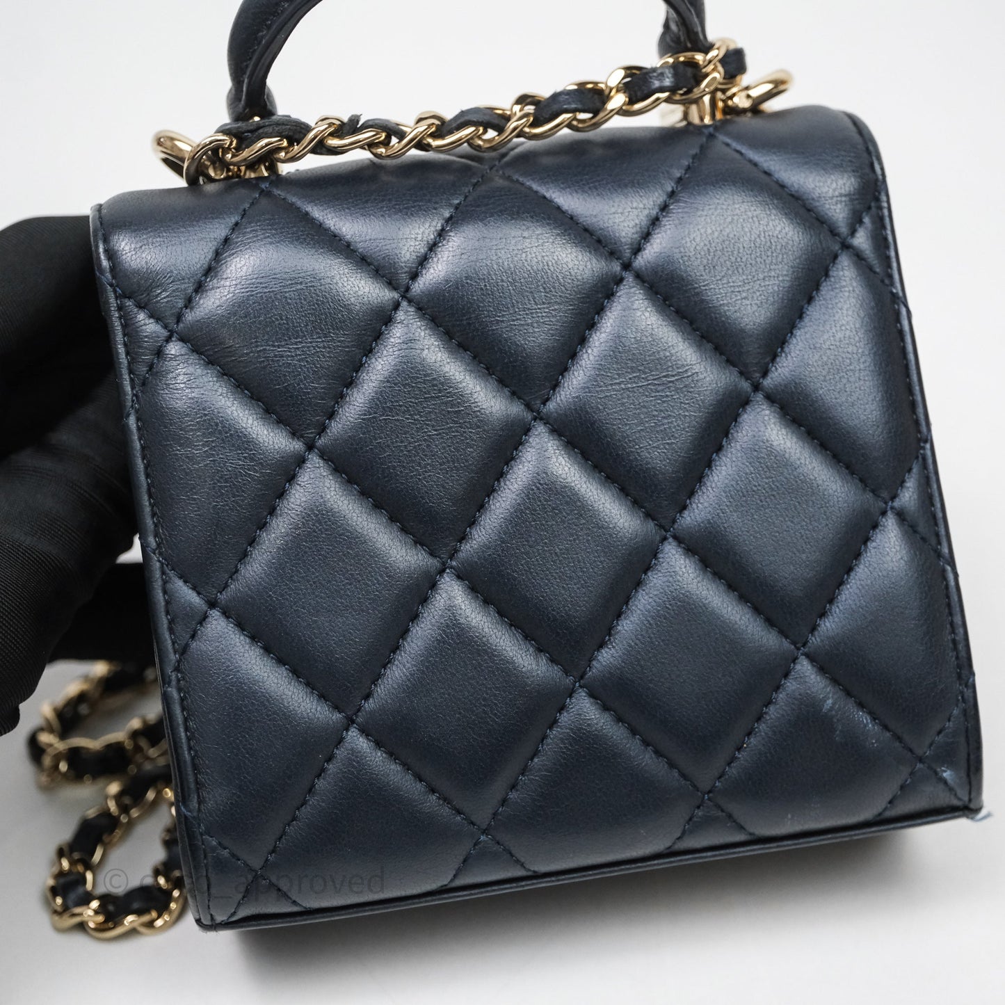 Chanel Mini Handle Clutch With Chain Iridescent Dark Navy Lambskin Gold Hardware