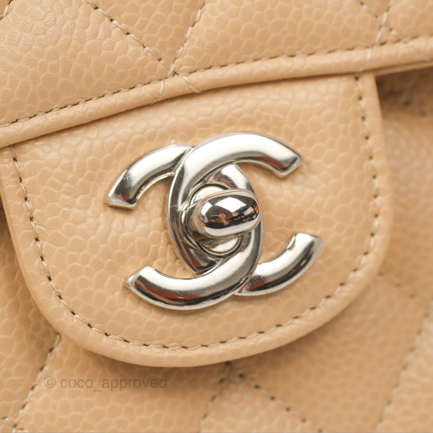 Chanel Classic M/L Medium Flap Quilted Beige Caviar Silver Hardware