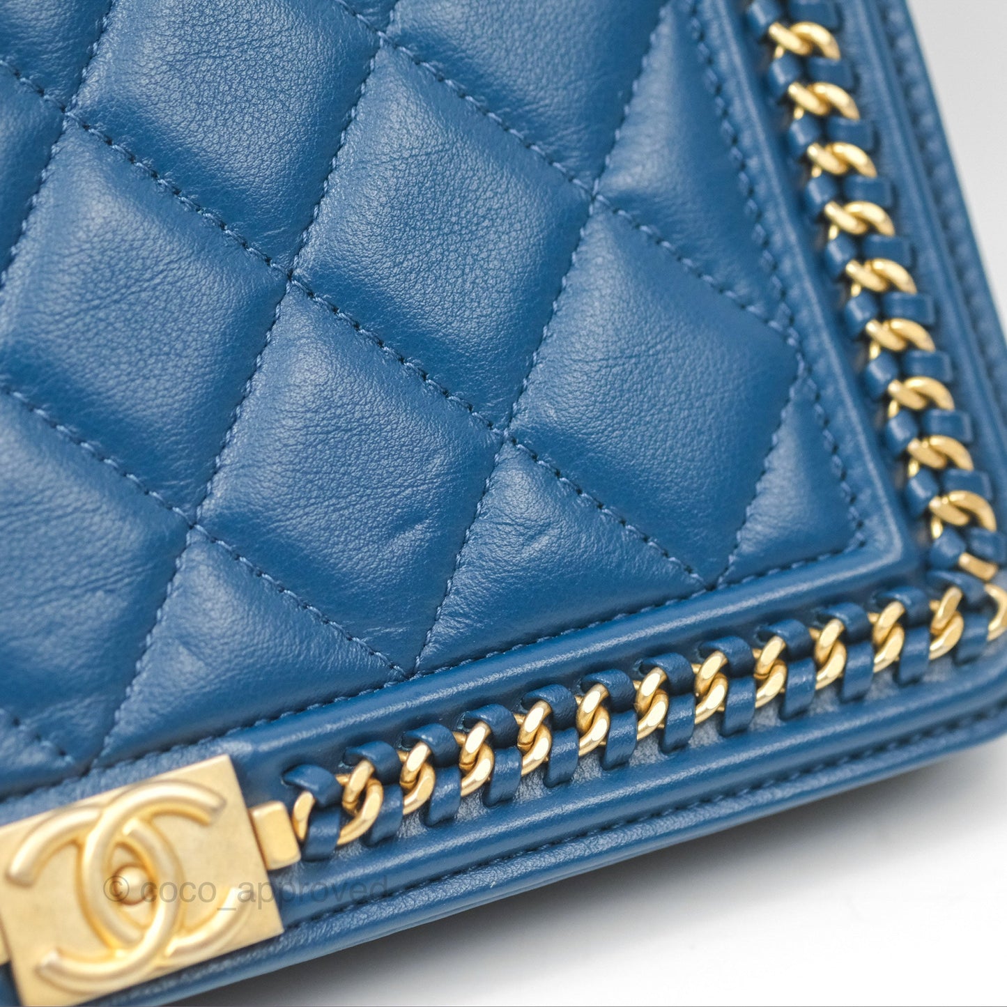 Chanel Quilted Boy Wallet on Chain WOC Blue Calfskin Aged Gold Hardware