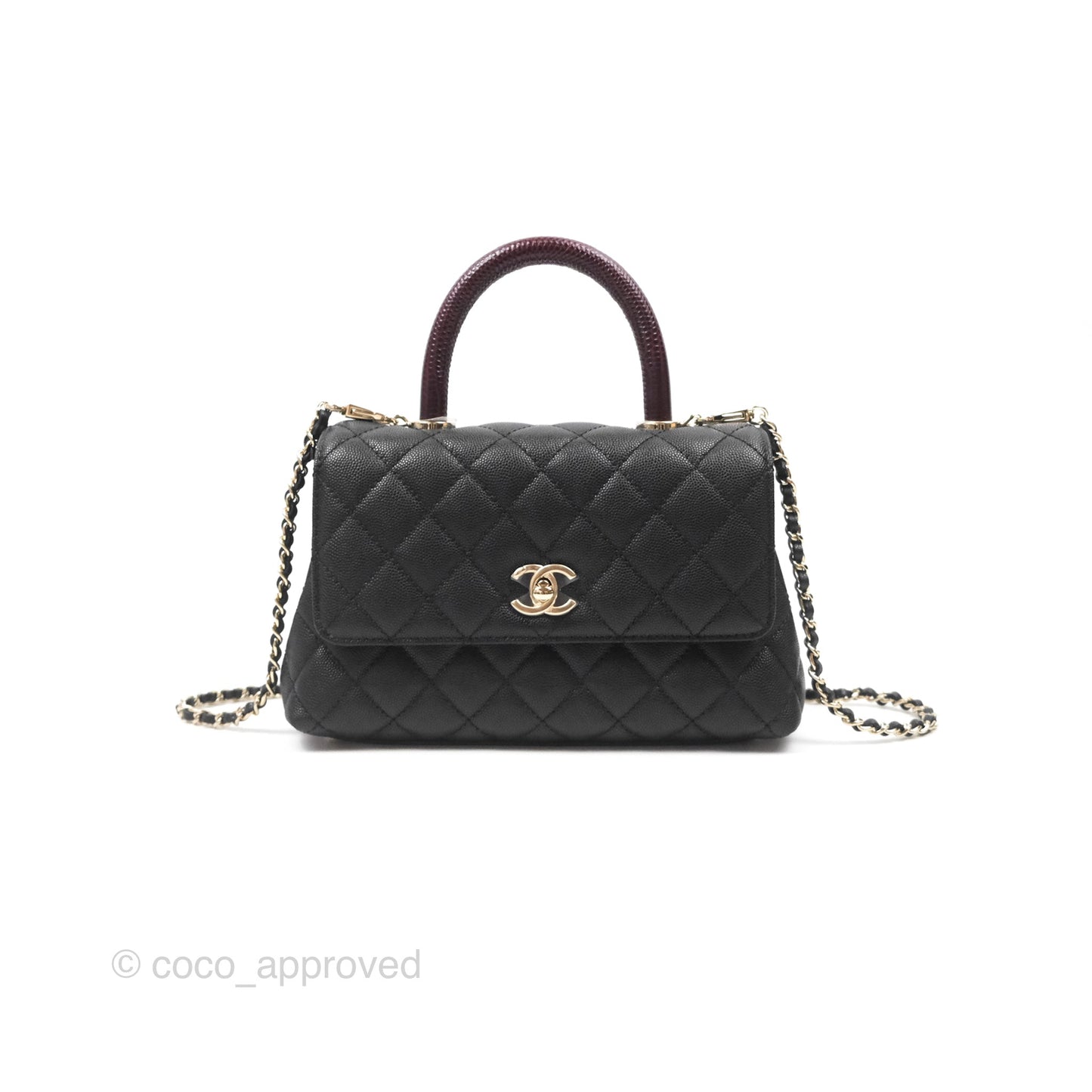 Chanel Small Coco Handle Quilted Black Caviar Gold Hardware Embossed Lizard Handle