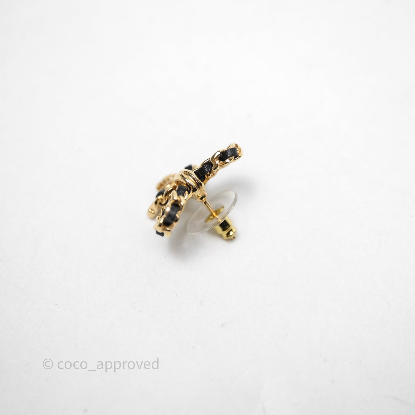Chanel Lambskin Chain Bow Stud Earrings Black Gold Tone 24V