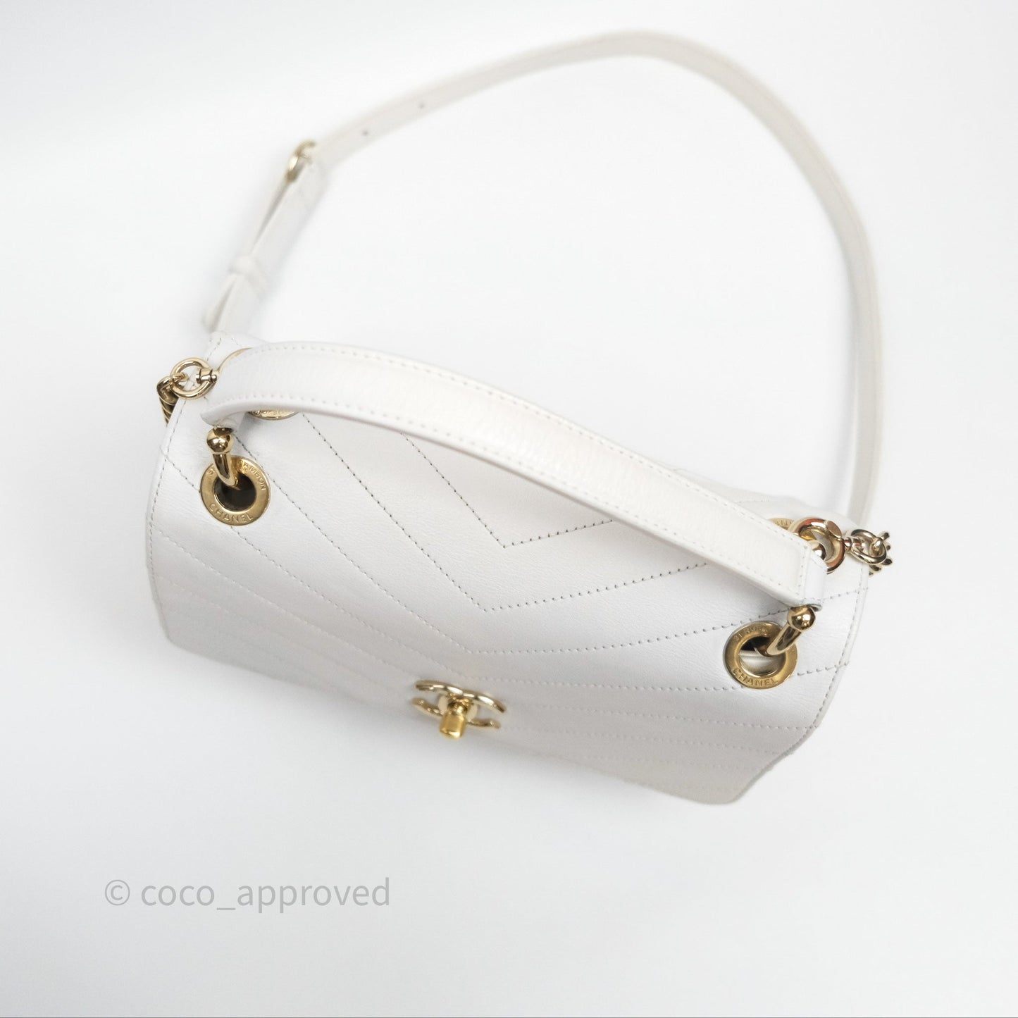 Chanel Small Chevron Chic Top Handle Flap White Calfskin Gold Hardware