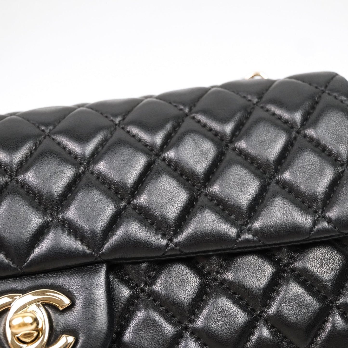 Chanel Quilted East West With Charm Flap Bag Lambskin Black Gold Hardware