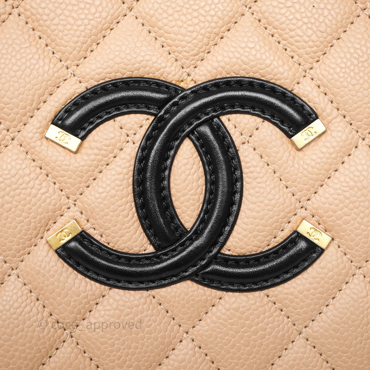 Chanel Quilted Medium CC Filigree Vanity Case Beige Black Caviar Aged Gold Hardware