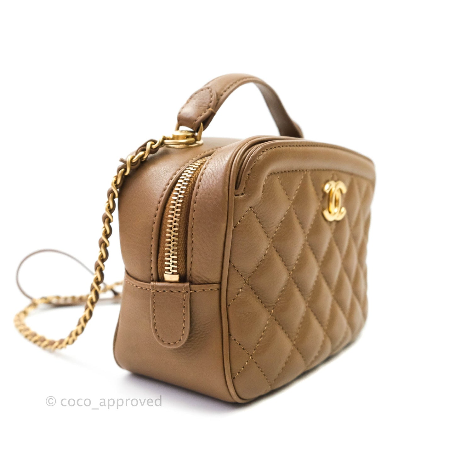 Chanel Small CC Quilted Vanity Case Brown Beige Calfskin Aged Gold Hardware