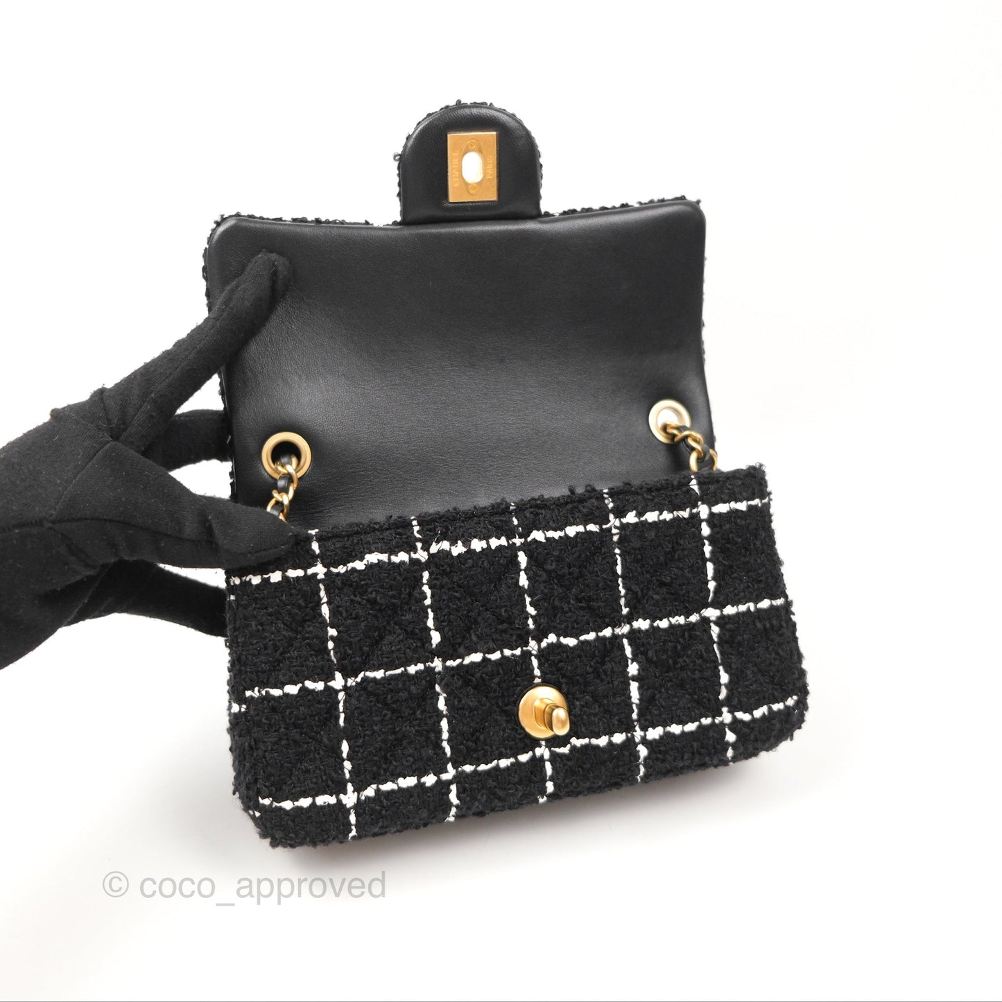 Chanel Mini Rectangular Pearl Crush Tweed Black White Grid Aged Gold Hardware