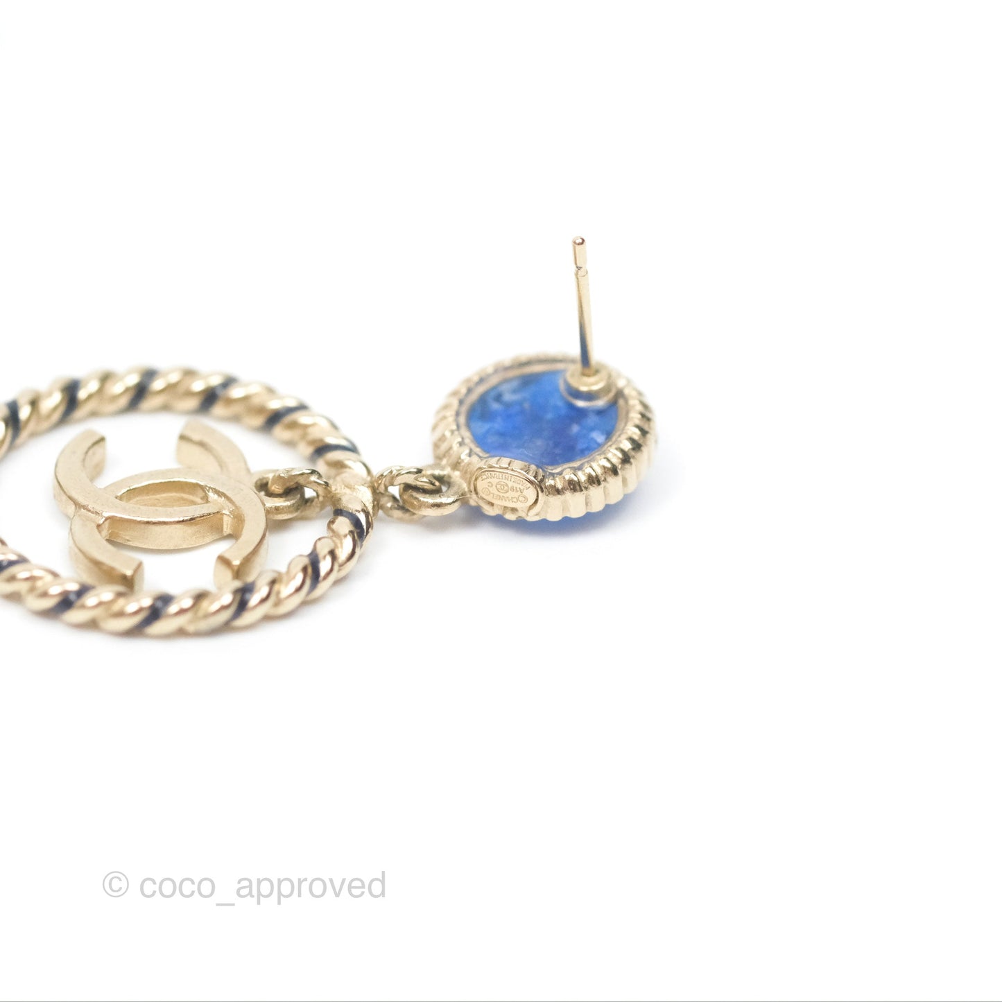 Chanel Round Blue Star Twist Circle White CC Drop Earrings Gold Tone 19C