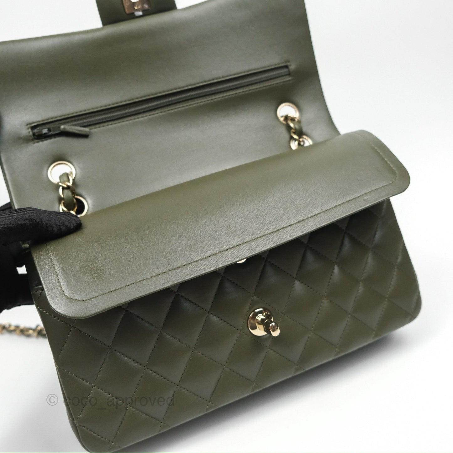 Chanel Classic M/L Medium Flap Quilted Lambskin Army Green Gold Hardware