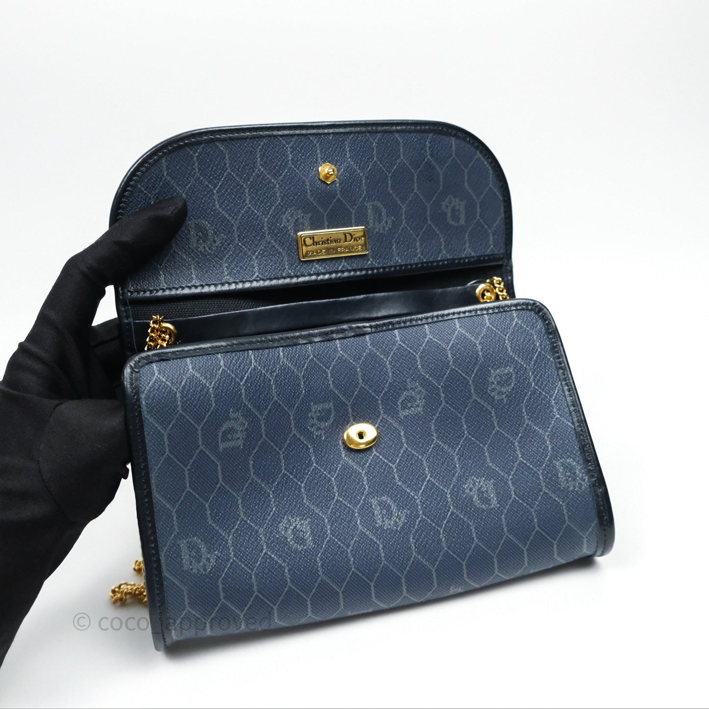Christian Dior Vintage Honeycomb Flap Bag Navy Gold Hardware