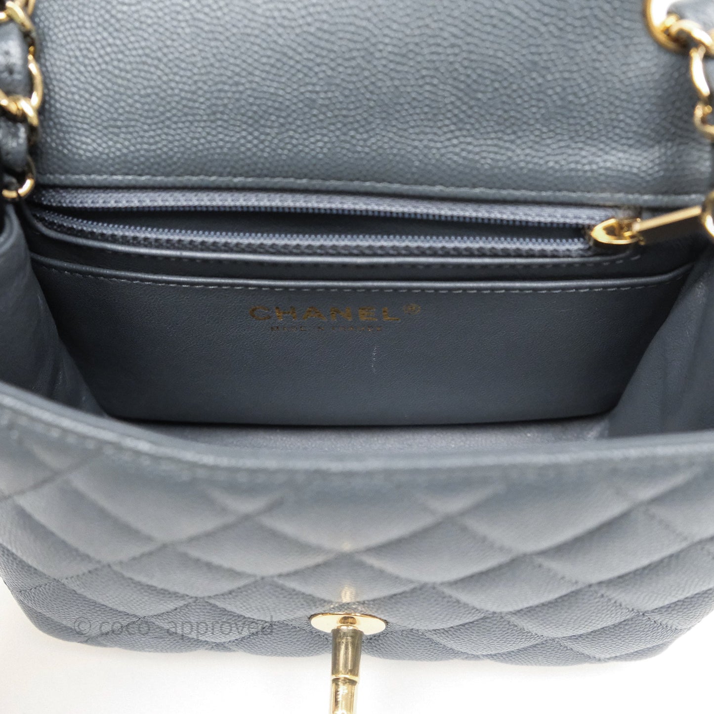 Chanel Mini Square Flap Quilted Dark Grey Blue Caviar Gold Hardware