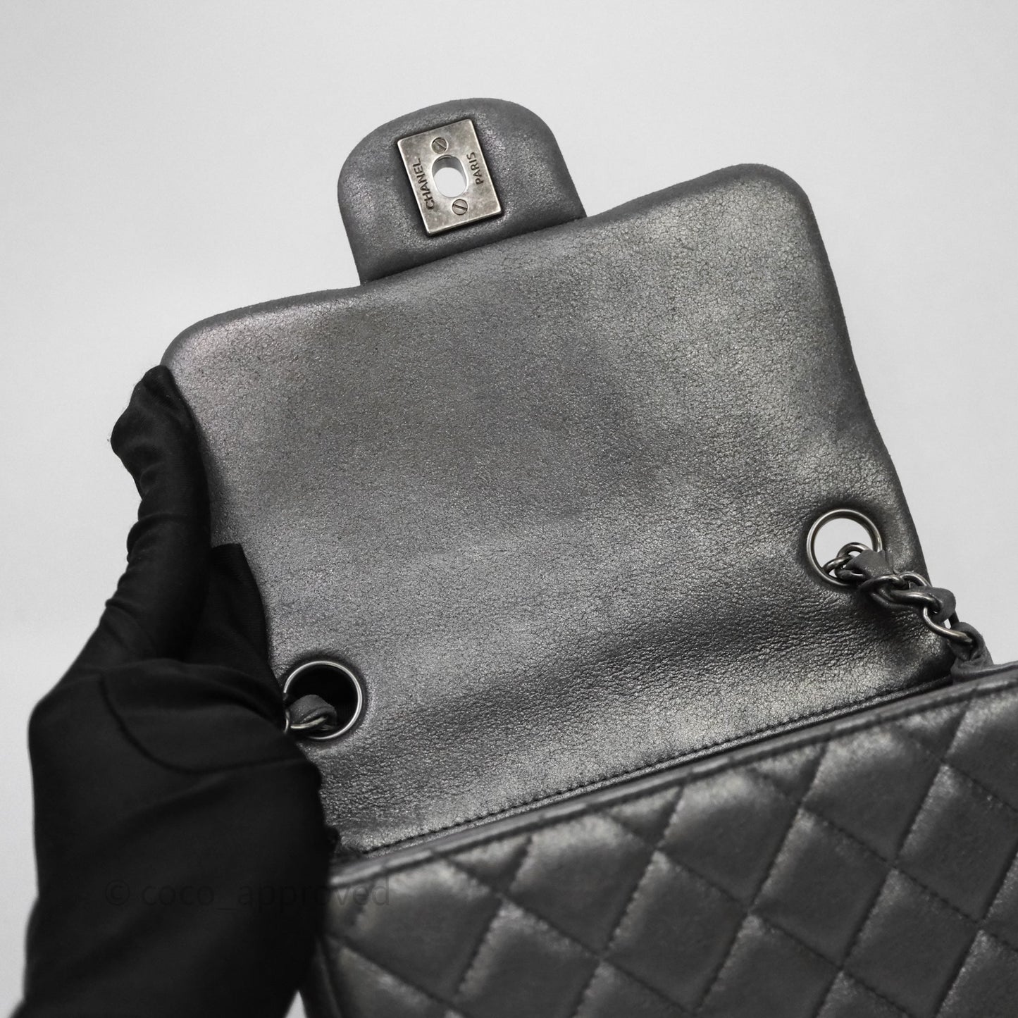 Chanel Mini Square Iridescent Grey Suede Gun Metal Hardware