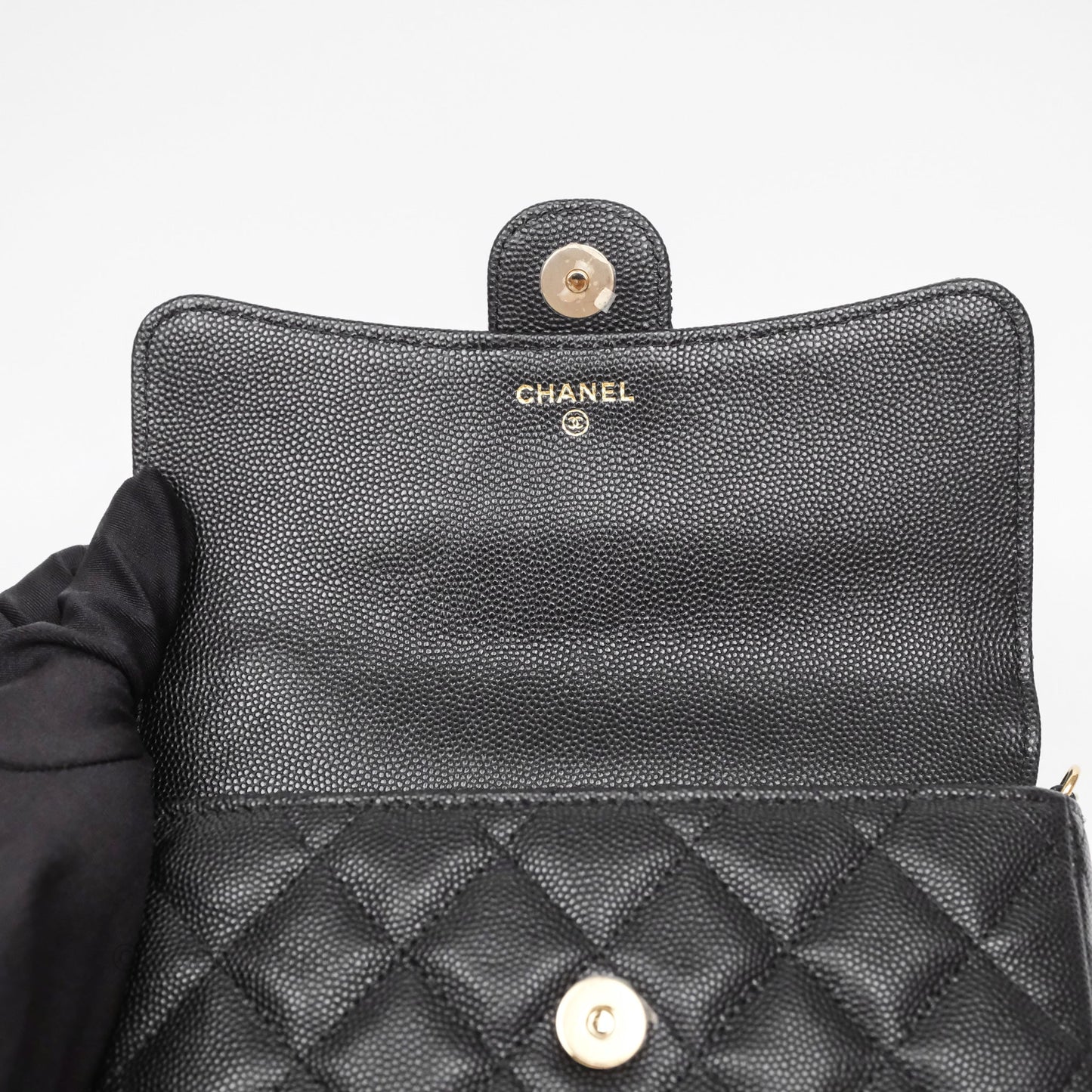 Chanel Classic Flap Phone Holder With Chain Black Caviar Gold Hardware