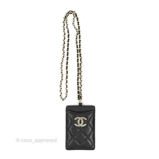 Chanel Quilted Glitter CC Chain Card Holder Black Lambskin Gold Hardware