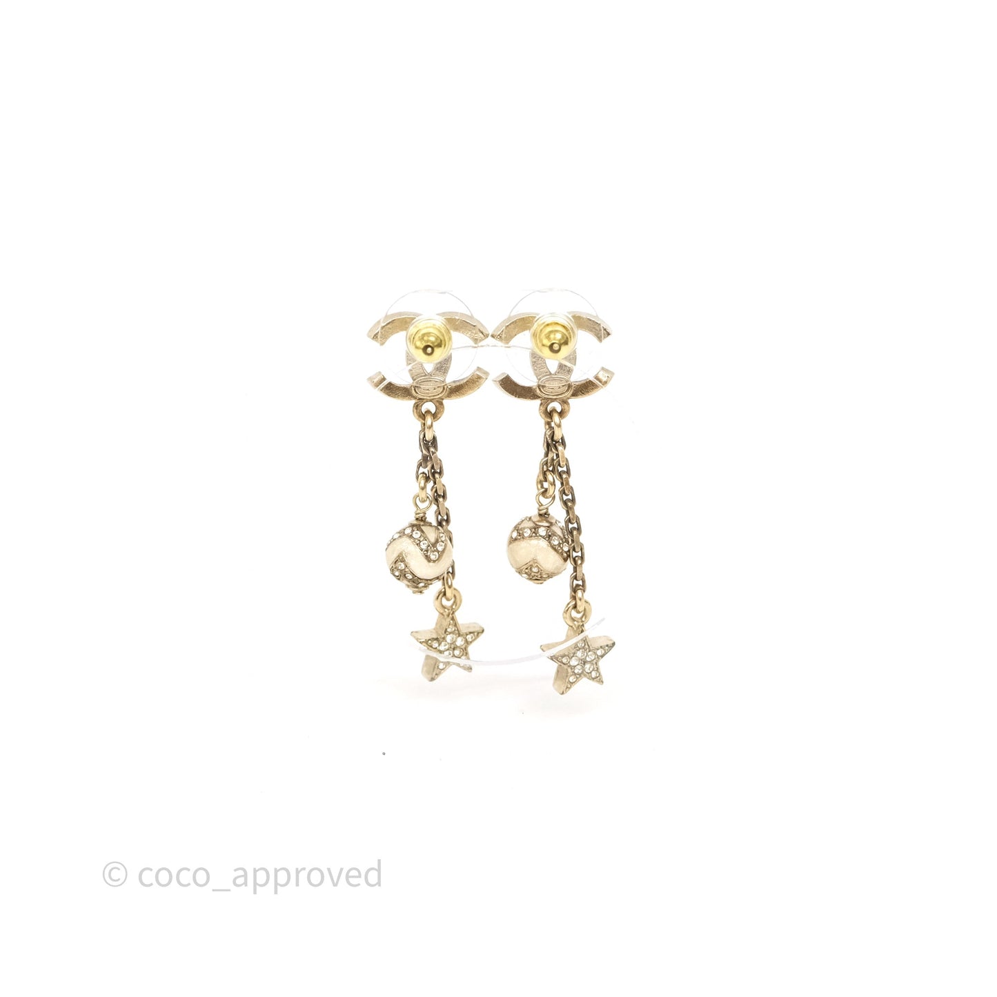 Chanel Crystal Star CC Drop Earrings Gold Tone 23K