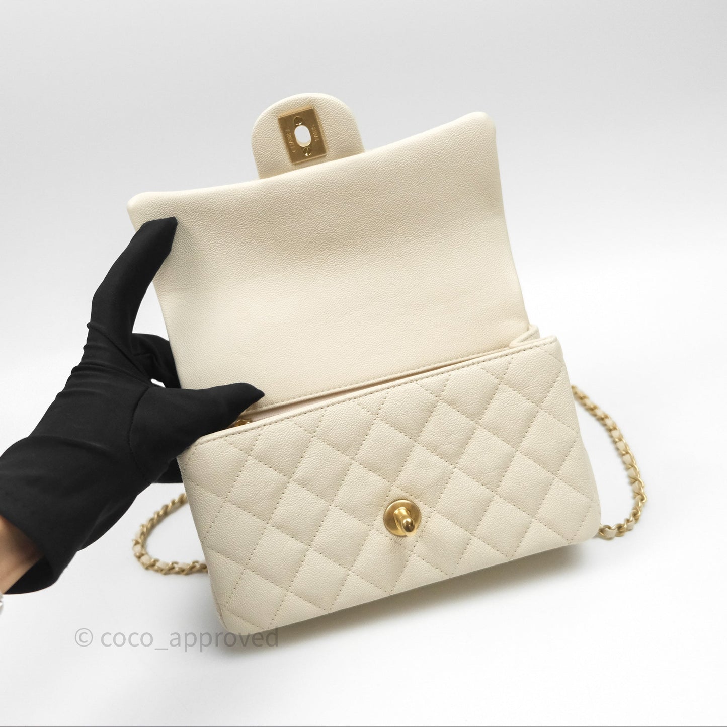 Chanel Top Handle Mini Rectangular Flap Ivory Caviar Aged Gold Hardware
