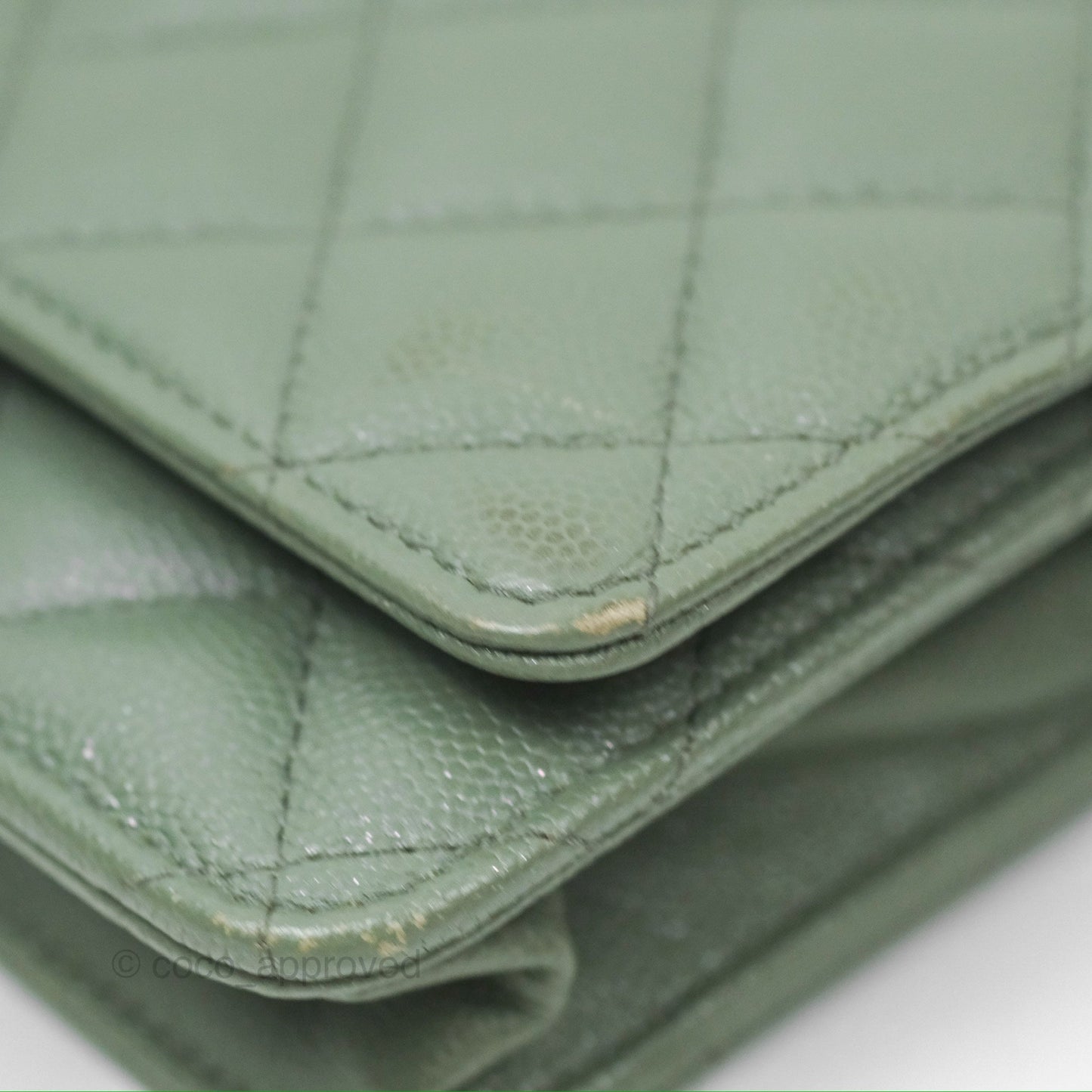 Chanel Classic Quilted Wallet On Chain WOC Glitter Dark Tiffany Green Caviar Aged Gold Hardware