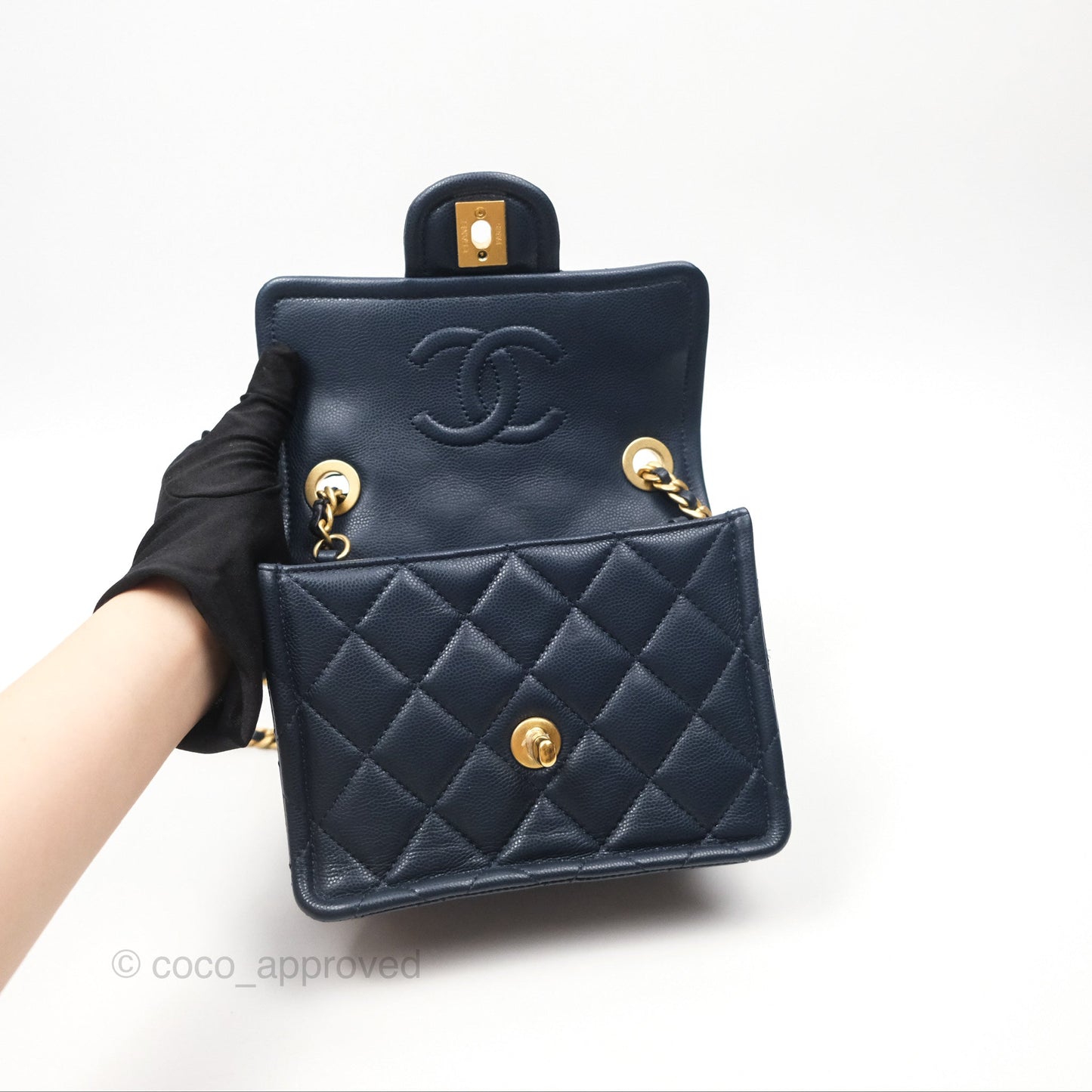 Chanel Mini Square Sweet Quilted Flap Navy Caviar Aged Gold Hardware 21P