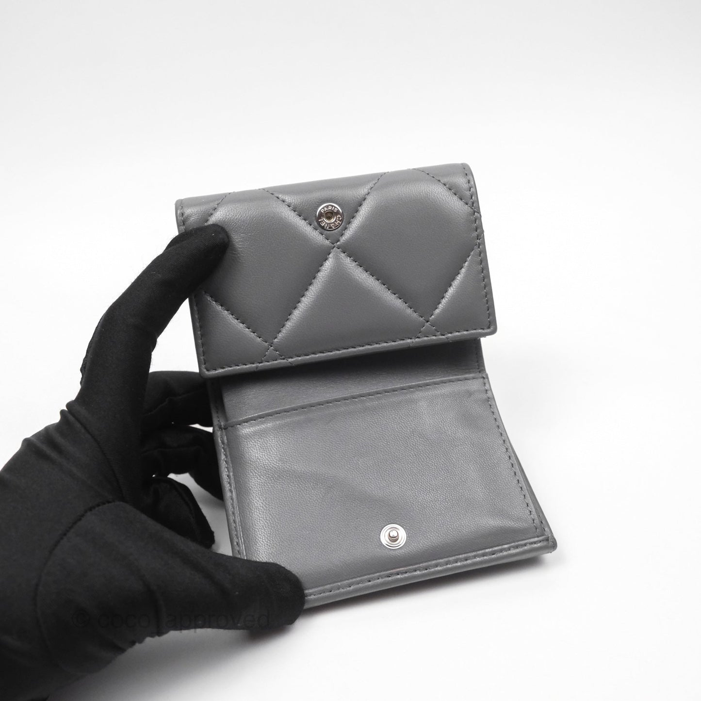 Chanel 19 Grey Short Trifold Wallet Lambskin Silver Hardware