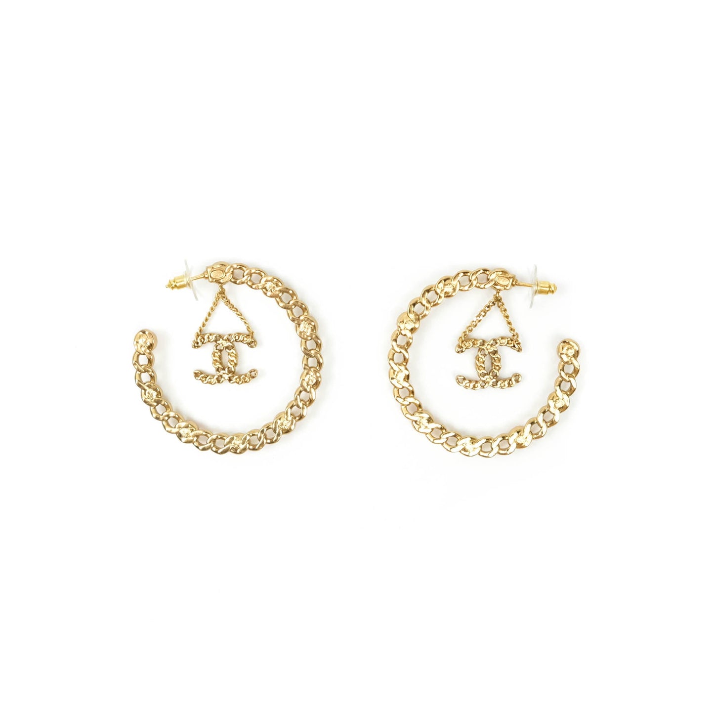 Chanel CC Pearl Rhinestone Hoop Earrings Gold Tone 21P