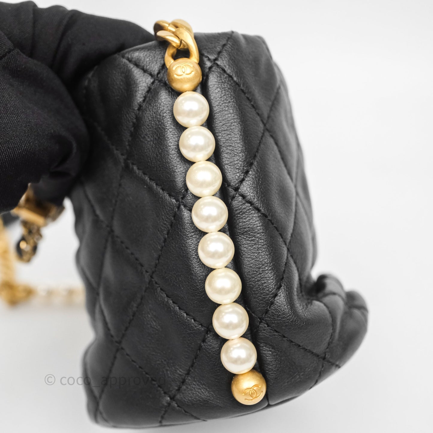 Chanel Quilted Pearl Mini About Pearls Drawstring Bucket Bag Black Calfskin