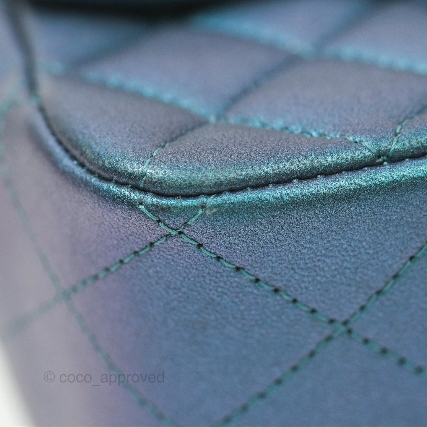 Chanel Mini Square Flap Quilted Iridescent Teal Lambskin Gun Metal
