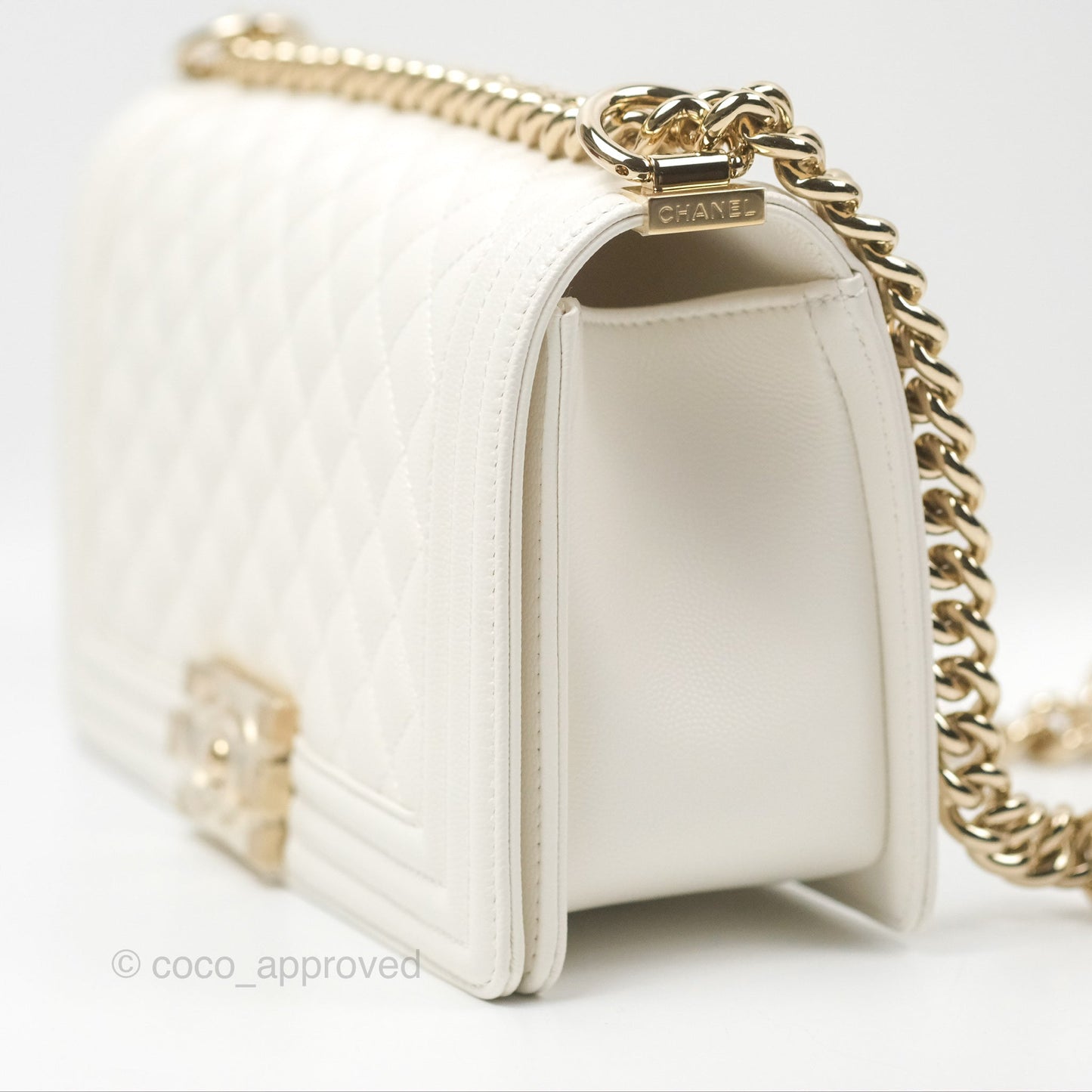 Chanel Medium Boy Quilted White Caviar Gold Hardware