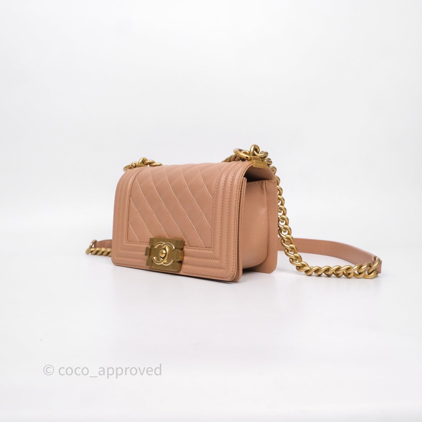 Chanel Small Boy Caviar Beige Pink Bag Aged Gold Hardware