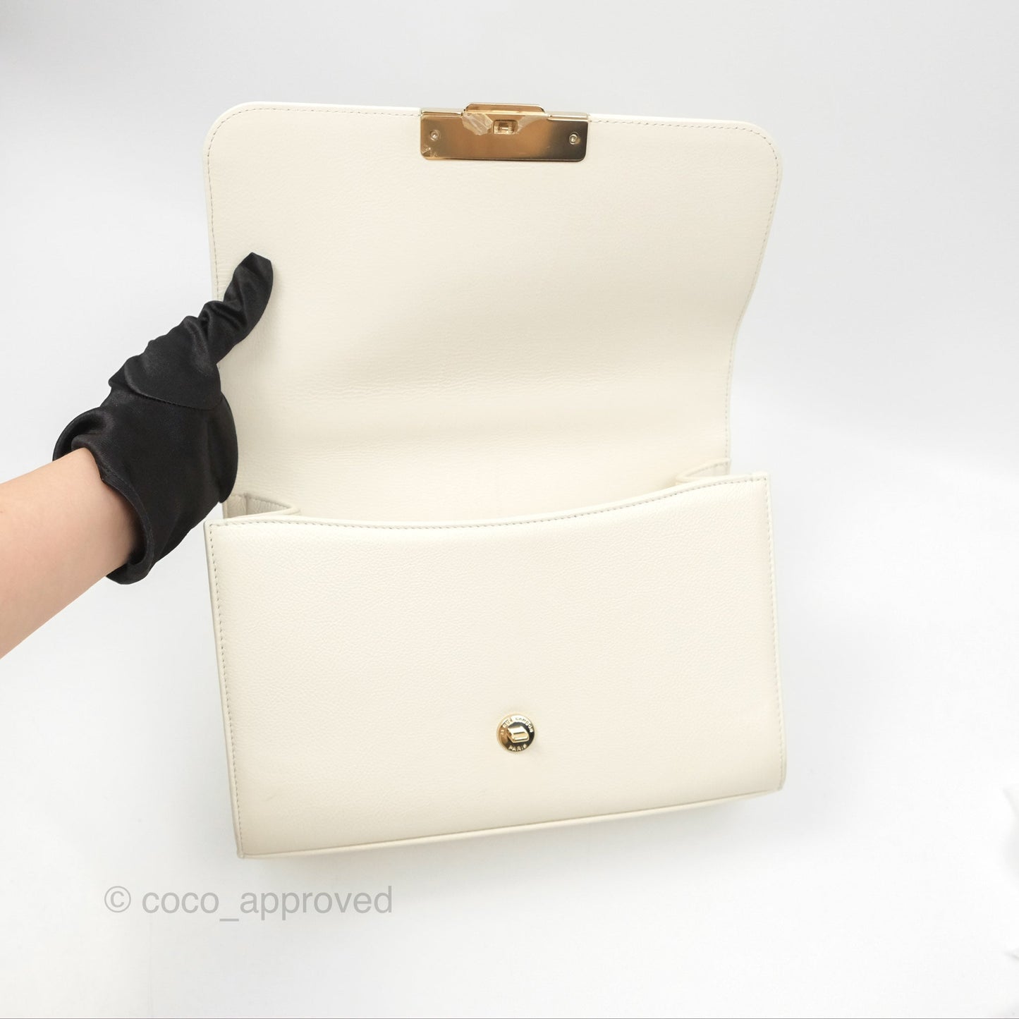 Chanel Quilted Label Click Flap Bag White Grained Calfskin Gold Hardware