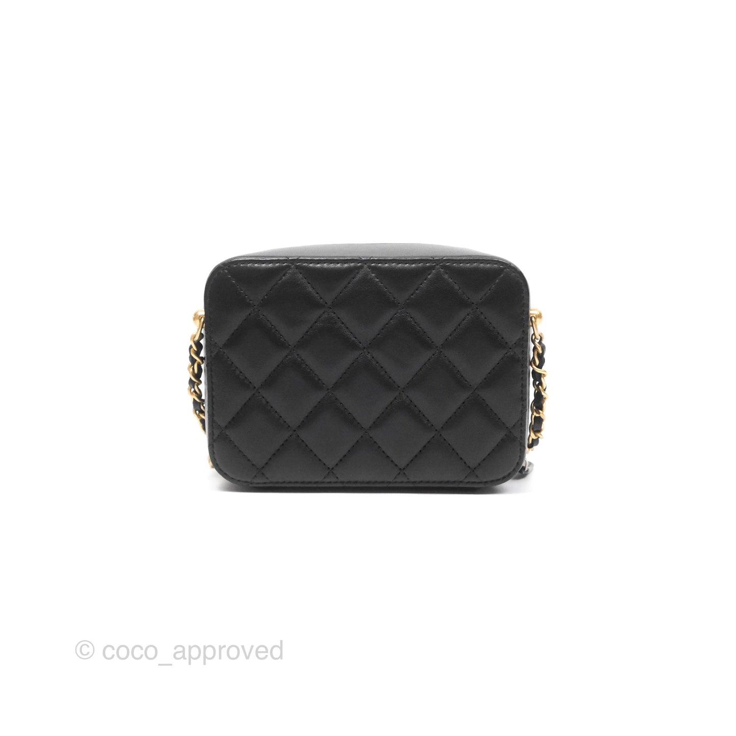Chanel Pearl Crush Mini Camera Case Quilted Black Lambskin Aged Gold Hardware