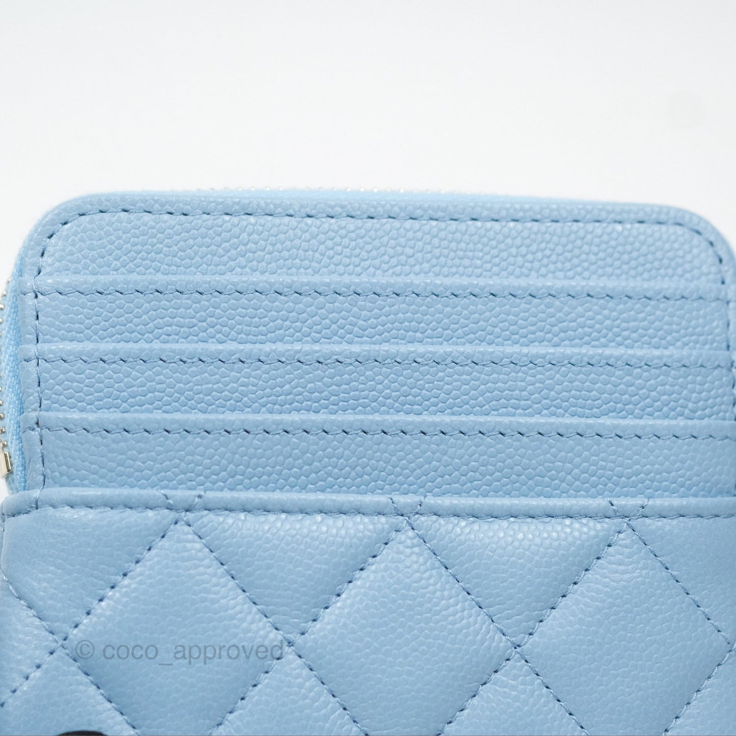 Chanel Quilted Crystal CC Zip Card Holder Wallet Light Blue Caviar Gold Hardware