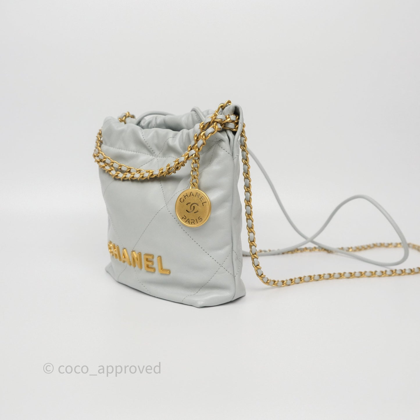 Chanel 22 Mini Bag Light Blue Shiny Crumpled Calfskin Aged Gold Hardware
