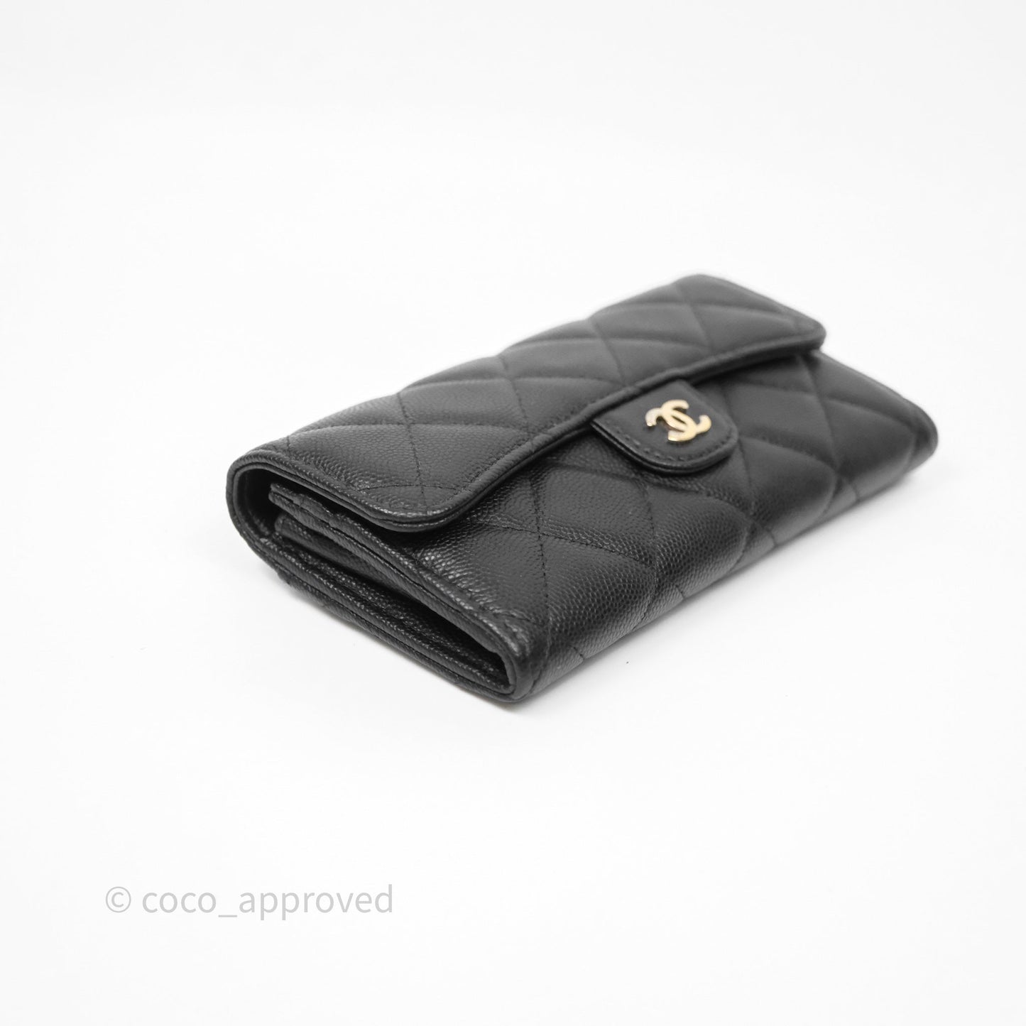 Chanel Classic Quilted Flap Long Wallet Black Caviar Gold Hardware