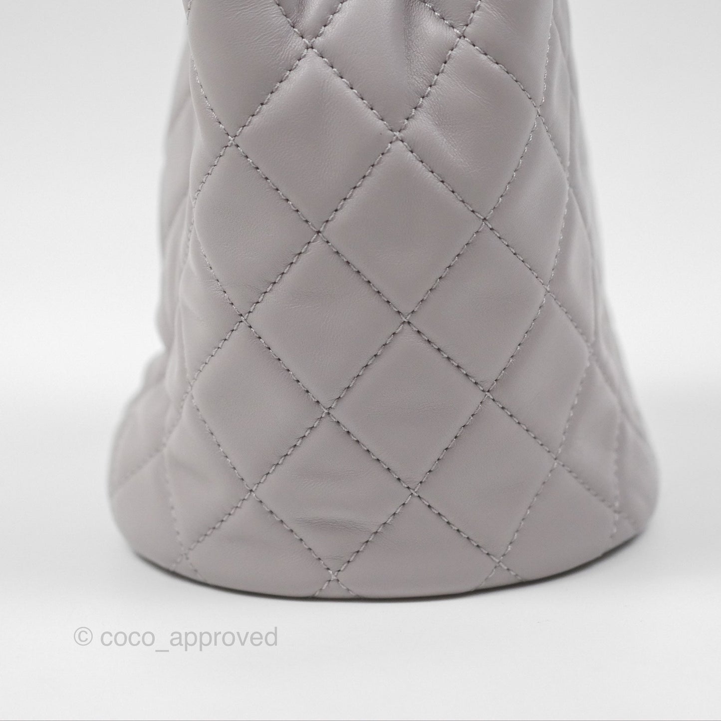 Chanel Pearl Crush Drawstring Bucket Bag Grey Lambskin Aged Gold Hardware