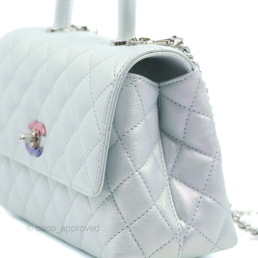 Chanel Small Coco Handle Quilted Iridescent Light Blue Caviar Rainbow Hardware